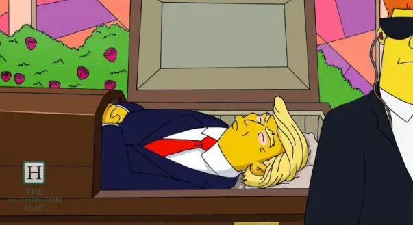 Satirical cartoon funeral scene used as the website banner